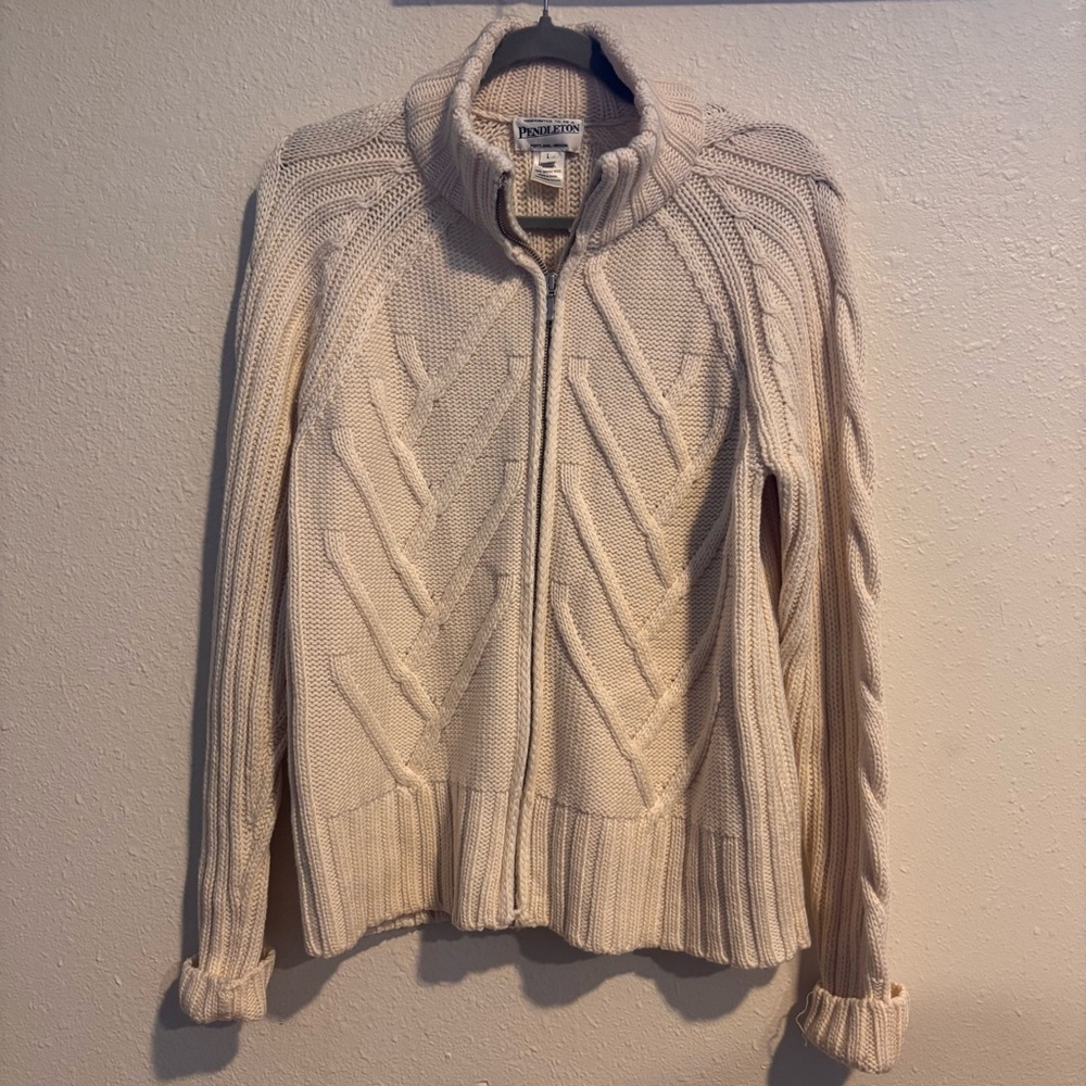 Pendleton Vintage Merino Wool Full Zip Cardigan Sweater Cream Ivory Large EUC